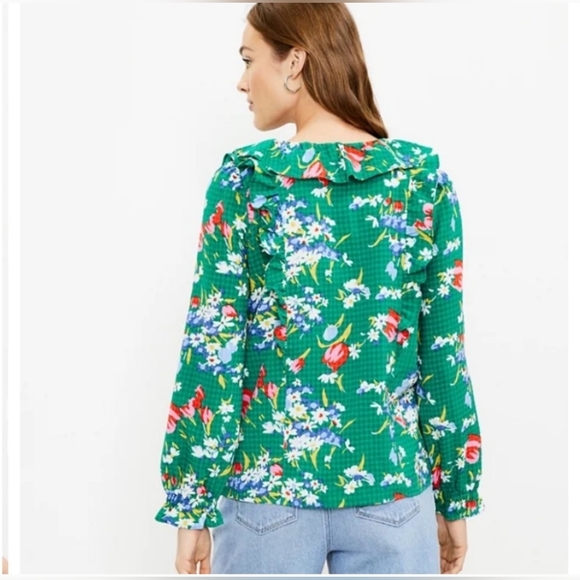 Loft Bouquet Floral Ruffle Tie Neck Top Blouse Green Size Small - Picture 2 of 11